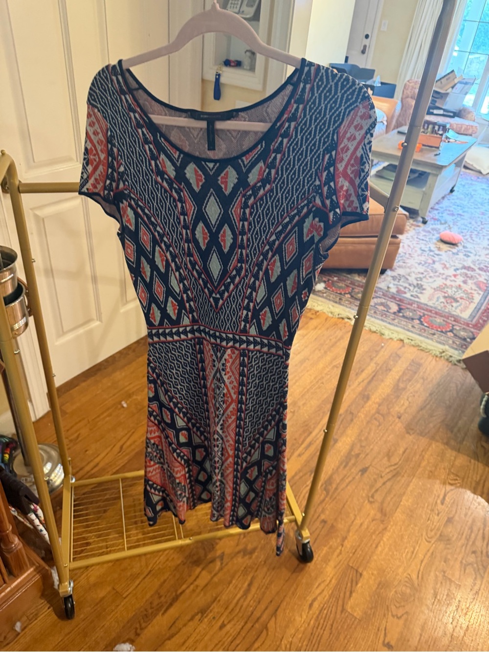 BCBGMaxAzria Navy, Coral & Mint Aztec Fit-and-Flare Dress